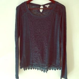 Teal long sleeve top with crochet front
